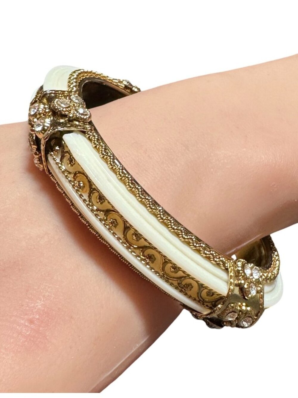 Filigree Enamel Bangle Bracelet Cream Gold Tone Rhinestone Womens Jewelry